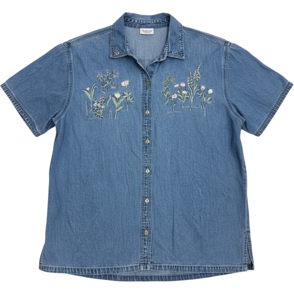 Bobbie Brooks Denim Shirt Woman 22W/24W Blue Floral Embroidered Cottagecore Top